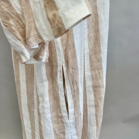 Everlane Linen A-Line Midi Dress Bone White/Caramel Stripe Size 8 Boxy Lagenlook - Picture 13 of 15